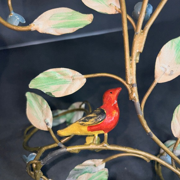 Vtg Toleware Birds on Branch Wall Art Candle Holders Red Songbirds Green Leaves - Picture 13 of 16